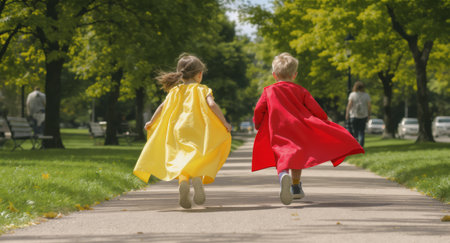 Children in colorful capes run energetically along a park path, with sunlight filtering through trees, creating a magical atmosphere of play and explorationの素材