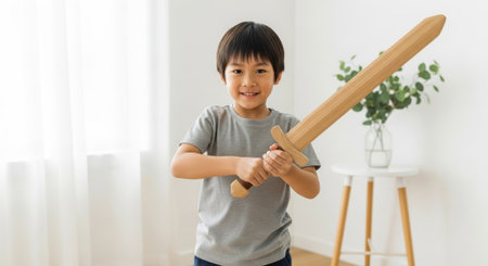 Boy holding a wooden sword, dressed in a gray shirt, stands in a bright room, showcasing imagination and courage in a playful fantasy settingの素材