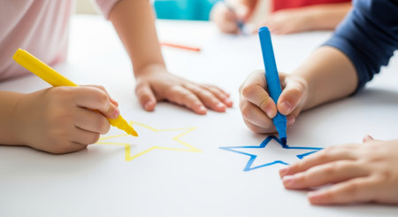Kids are engaged in drawing bright stars with markers on paper, expressing their creativity and imagination in a lively and colorful settingの素材