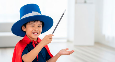 Happy child dressed as a magician, with a blue hat and red cape, holding a wand in a bright room, embodying the spirit of fantasy and creativityの素材