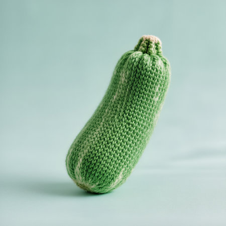 Knitted zucchini in soft pastel green, highlighting cozy minimalism and craftsmanship, ideal for lifestyle decor and artistic expression, featuring soft textures and inviting ambianceの素材