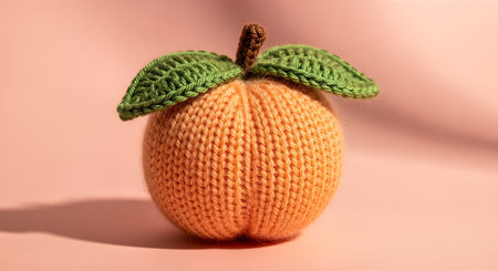 Knitted peach object features vibrant colors and soft textures, set against a pastel background, embodying cozy minimalism and artistic lifestyle aestheticsの素材