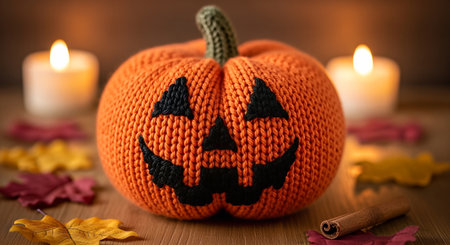 Knitted pumpkin with a smiling face, surrounded by colorful autumn leaves and soft candlelight, enhancing a cozy and inviting seasonal ambianceの素材