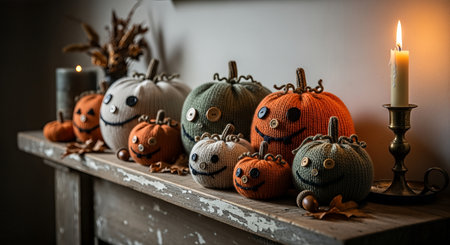Cozy knitted pumpkins in various pastel shades are displayed on a rustic shelf, complemented by warm candlelight and autumn elements, enhancing the inviting ambianceの素材