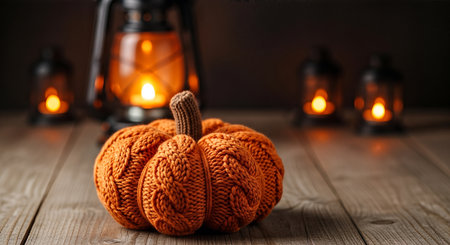 Knitted pumpkin placed on wooden surface with glowing lanterns in the background, creating a warm and inviting atmosphere perfect for autumn decorの素材