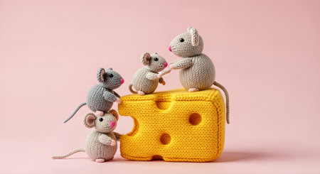 Knitted mice figurines are engaging on a cozy cheese block, set against a soft pastel pink backdrop, highlighting handmade craftsmanship and playful aestheticsの素材
