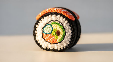Knitted sushi roll with vibrant colors and intricate details, embodying cozy minimalism and soft pastel aesthetics, perfect for lifestyle sets and creative projectsの素材