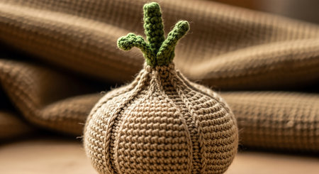 Cozy handmade knitted garlic bulb with green sprout rests on soft fabric, embodying minimalism and pastel aesthetics, perfect for lifestyle decor and inspirationの素材