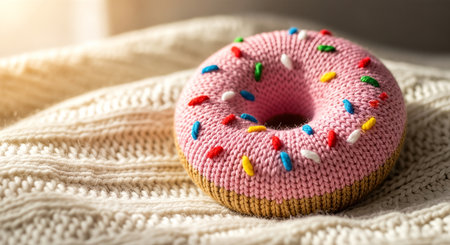 Knitted donut plush toy in pastel hues, placed on a textured blanket, highlighting cozy minimalism and inviting lifestyle elements with soft ambianceの素材