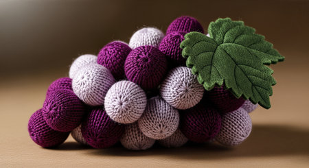 Knitted grape cluster in soft pastel hues, showcasing cozy textures and a green leaf, ideal for minimalistic decor and lifestyle settings with copy spaceの素材