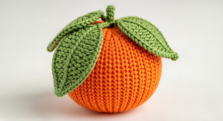 Knitted orange with vibrant texture and green leaves, embodying cozy minimalism and soft pastel aesthetics, ideal for lifestyle sets and handmade decorの素材