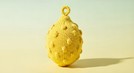 Knitted yellow object features unique textures, placed on a soft pastel background, creating a cozy minimalistic vibe perfect for lifestyle settings and design inspirationの素材