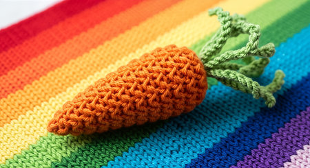 Knitted carrot in bright orange sits on a colorful striped background, highlighting cozy handmade craftsmanship and soft pastel aesthetics for lifestyle decorの素材