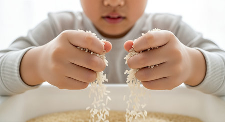 Young child engages in sensory play, holding rice and letting grains fall, promoting neurodivergent inclusion and exploration of textures in a bright environmentの素材