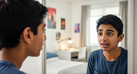 South Asian boy gazes into mirror, showcasing emotions during self-reflection, with a cozy bedroom setting that emphasizes warmth and inclusivityの素材
