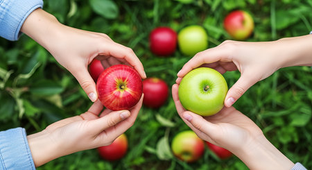 Two hands present red and green apples above a vibrant garden, surrounded by fresh apples on the ground, emphasizing the joy of harvesting farm produceの素材