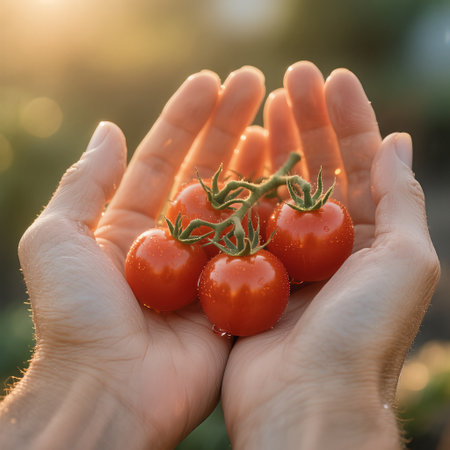 Hands gently cradle ripe tomatoes with lush green leaves, highlighting the freshness and vibrant colors of farm produce, representing healthy lifestyle choicesの素材