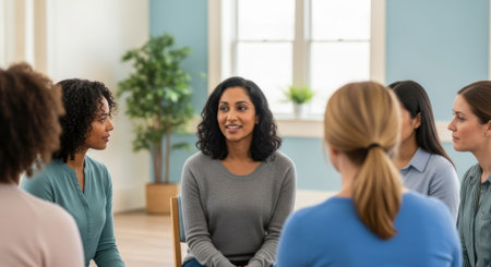 Diverse women are seated in a circle, engaged in a supportive discussion, creating an atmosphere of empowerment and connection in a bright, inviting spaceの素材