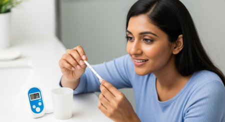 Female individual is seated at a table, examining a pregnancy test with a digital monitor and cup nearby, capturing a moment filled with anticipation and emotionの素材