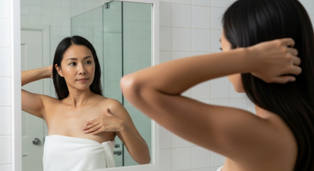 Female in a bathroom mirror, adjusting hair and checking skin, emphasizes self-care and personal grooming in a calm, inviting atmosphere with natural lightの素材