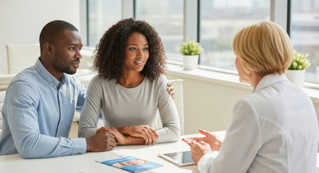 African American couple is consulting with a healthcare professional in a well-lit office, focusing on women's health and wellness strategies for improved quality of lifeの素材