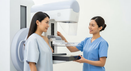 Female patient is receiving a mammogram from a healthcare provider in a modern clinic, emphasizing the significance of regular health screenings for womenの素材