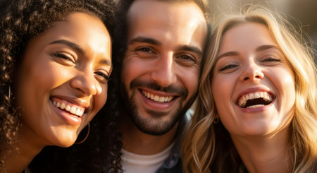 Group of friends laughing and enjoying each other's company outdoors, surrounded by a warm, inviting atmosphere that highlights their joyful connection and camaraderieの素材