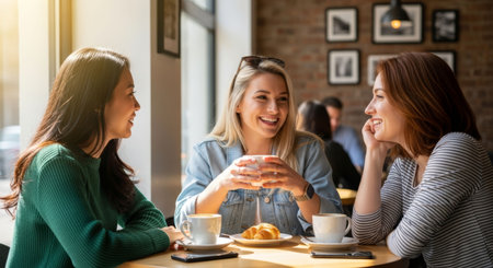 Three friends are seated at a cafe table, engaging in lively conversation over coffee and pastries, surrounded by a welcoming and vibrant environmentの素材