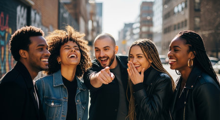 Diverse group of friends sharing laughter and joy in an urban environment, highlighting their connection and the vibrant atmosphere of city lifeの素材