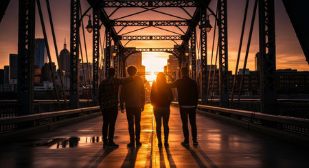 Friends are standing on a bridge during sunset, silhouetted by the warm glow of the sky, showcasing their bond and the beauty of urban lifeの素材