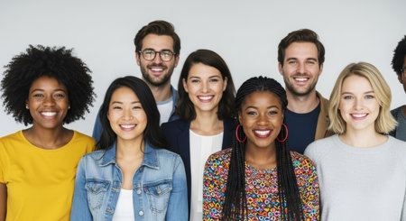 Group of friends standing closely together, smiling and enjoying each other's company, highlighting the warmth and joy of friendship in a vibrant atmosphereの素材