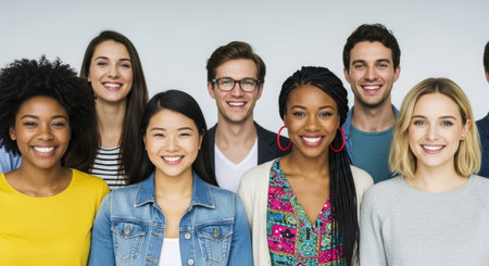 Group of friends with diverse backgrounds smiling together, wearing colorful outfits, creating a warm atmosphere of joy and connection among themの素材