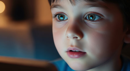 Boy with striking blue eyes is focused on a bright tablet screen, engaged in educational activities during a warm and inviting homeschooling environmentの素材