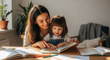 A mother and her young daughter are enjoying a homeschooling session, reading books together at a wooden table, creating a warm and inviting learning environmentの素材
