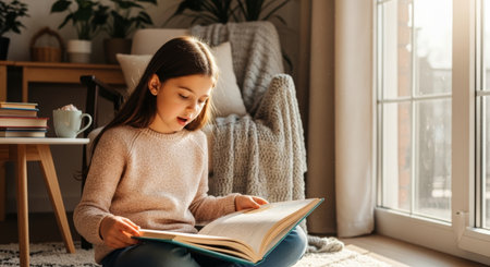 Girl engaged in reading a book on a soft rug in a bright room filled with plants and a cozy chair, highlighting the joy of learning in a home environmentの素材