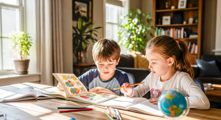 Children focused on homeschooling, reading colorful books and writing with pencils at a wooden table, in a bright and cozy learning space filled with plantsの素材