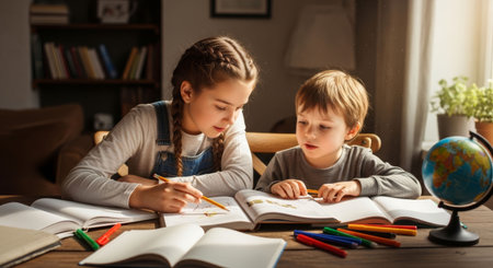 Two children focused on homeschooling tasks at a wooden table, with books, colorful pencils, and a globe creating a warm and inviting educational atmosphereの素材