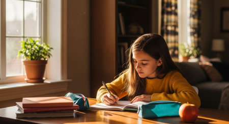 Girl engaged in studying at a table, writing notes in a notebook with books and an apple, surrounded by warm sunlight and a comfortable atmosphereの素材