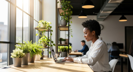 Female professional engaged in remote work on laptop at stylish office desk, surrounded by greenery and natural light, emphasizing modern hybrid work cultureの素材