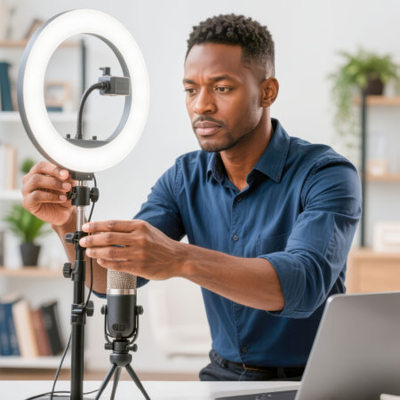 Male professional is setting up microphone and ring light in a stylish home office, creating a conducive atmosphere for virtual collaboration and productivityの素材