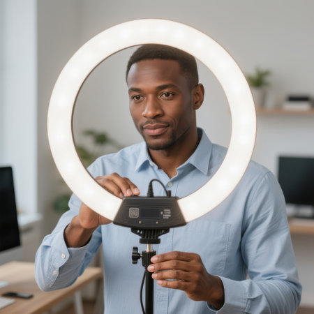 Male professional is setting up a ring light in a contemporary home office, highlighting a blend of work and personal space with modern furnishings and technologyの素材