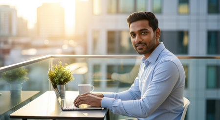 South Asian male professional is engaged in remote work on a balcony, with a coffee cup and greenery, showcasing a modern hybrid work environmentの素材