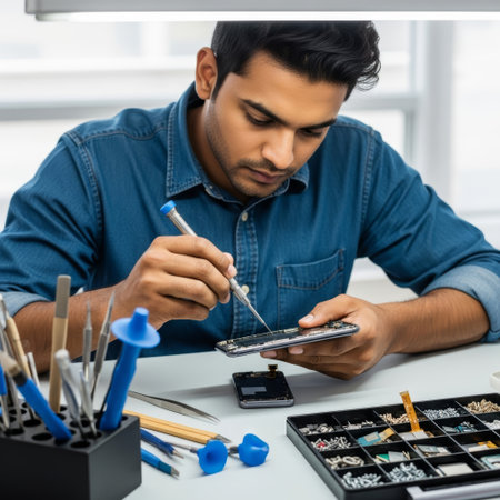 Male technician in blue shirt is focused on smartphone repair, surrounded by tools and components, illustrating a hybrid work setting and technical expertiseの素材