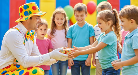 Clown entertainer engages with children, presenting a gift to a girl while surrounded by excited kids in a lively party setting filled with colorful decorationsの素材