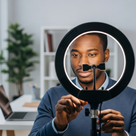 Male professional adjusting ring light in home office, preparing for video call, surrounded by plants and modern furniture, illustrating hybrid work setupの素材