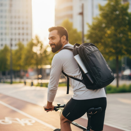 Happy man cycling along city path, laptop secured in backpack, embracing hybrid work culture amidst urban scenery and natural surroundingsの素材