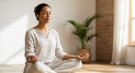 Female practicing meditation in a calm indoor environment, with soft natural light and plants, enhancing tranquility and mindfulness for mental healthの素材