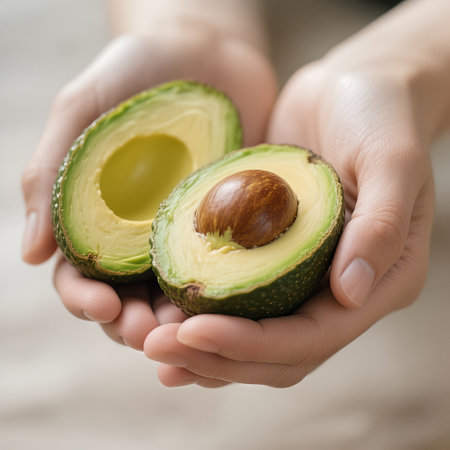 Hands holding fresh avocado halves, revealing creamy interior and rich green color, highlighting the importance of healthy eating and organic farming practicesの素材