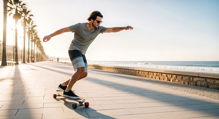 Longboard enthusiast is gliding smoothly on a scenic walkway, with palm trees lining the path and ocean waves in the background, embodying a carefree lifestyleの素材