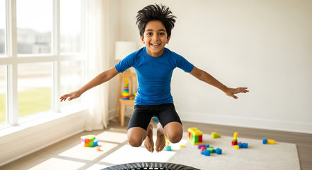 Happy young boy is leaping on a trampoline in a bright room filled with colorful blocks, embodying joy, playfulness, and the spirit of inclusionの素材